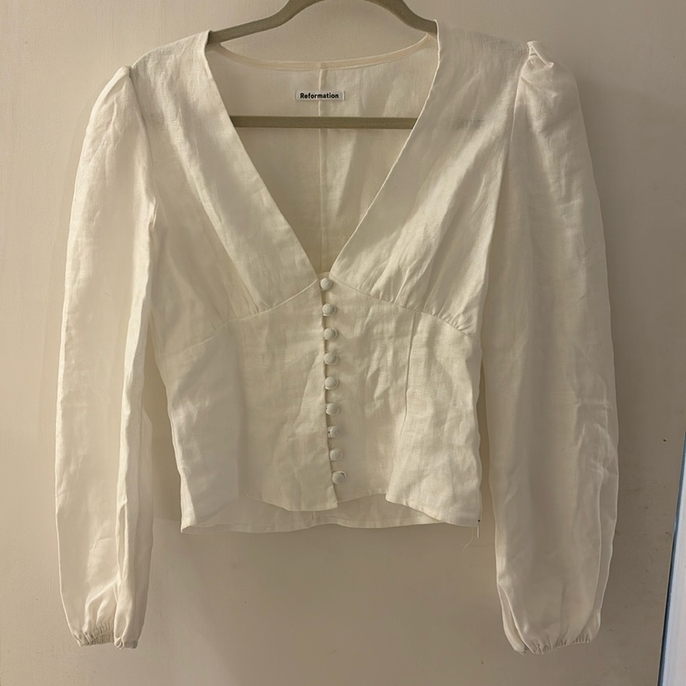 Reformation Aryn Balloon sleeve button front linen blouse